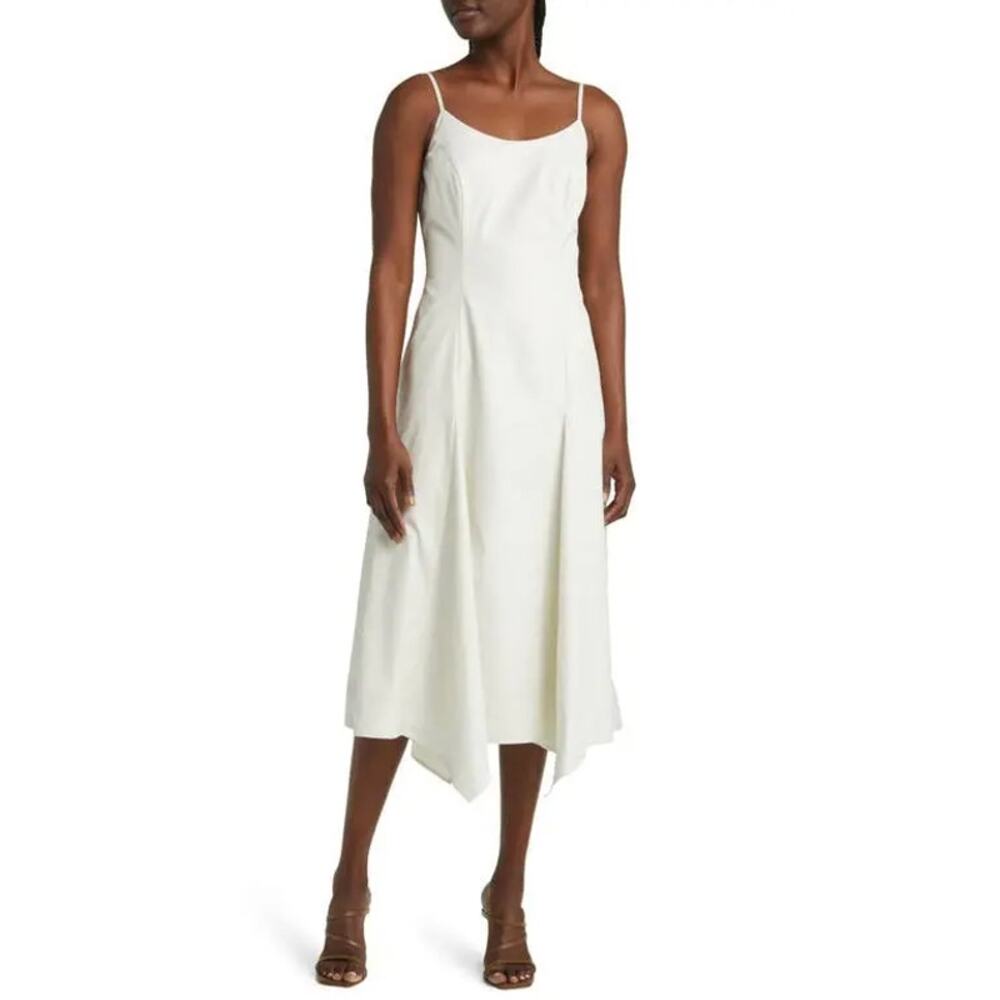 Du Paradis Handkerchief Hem Midi Dress Bone White A-Line Pleated SZ M